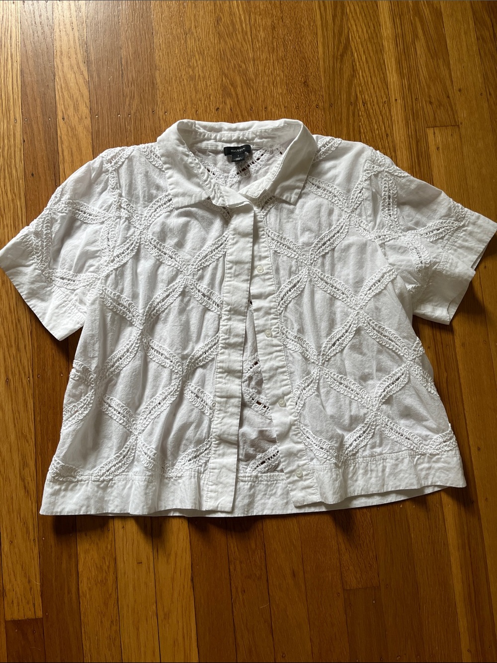 Halogen White Crochet Lattice Button-Down Short Sleeve Shirt Cotton